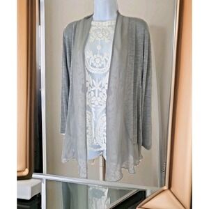 Metaphor Cardigan L Gray Open Front Sheer Detail Stretch Feminine Festival Boho